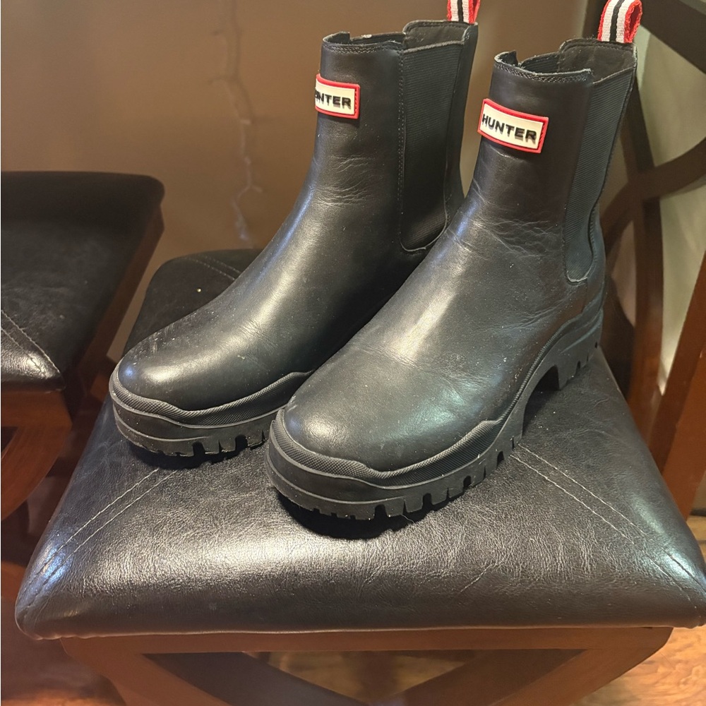 Hunter Black Leather Chelsea Rain Boot with Red Trim - Picture 3 of 4
